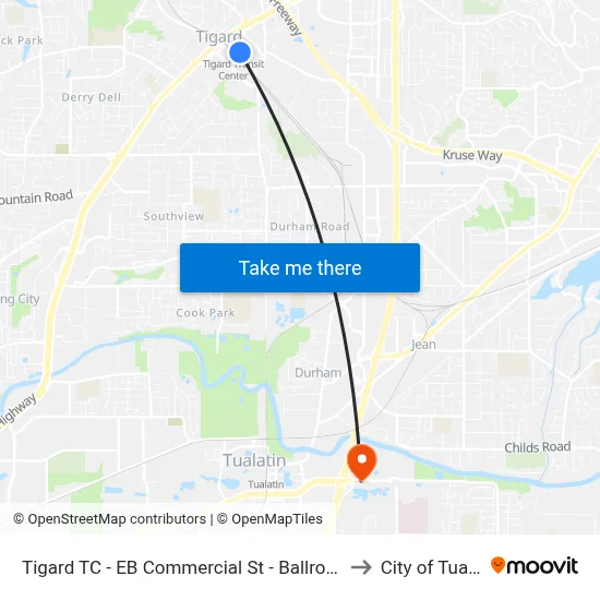 Tigard TC - EB Commercial St - Ballroom Studio to City of Tualatin map