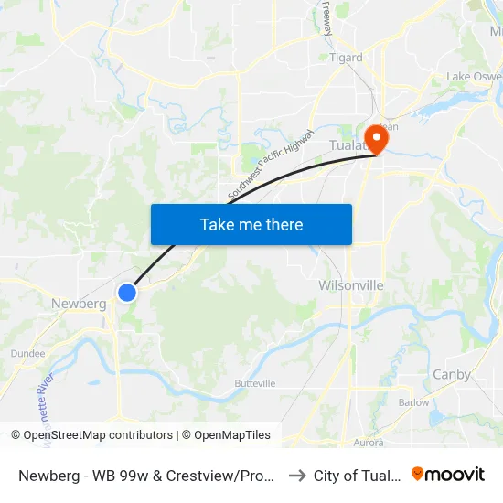 Newberg - WB 99w & Crestview/Providence to City of Tualatin map