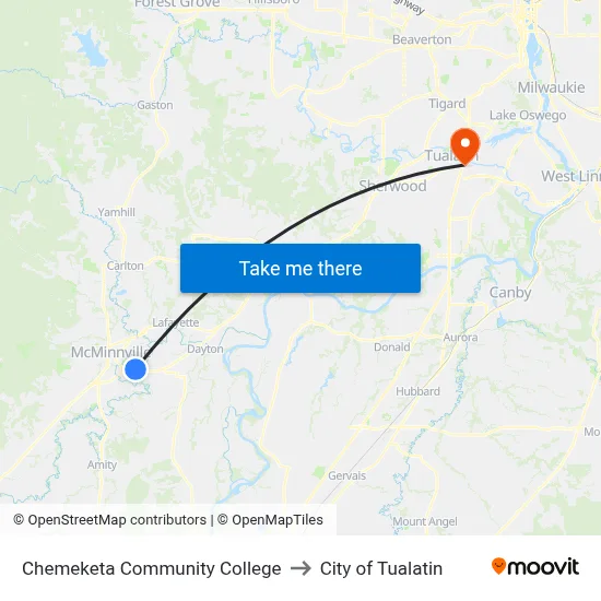 Chemeketa Community College to City of Tualatin map