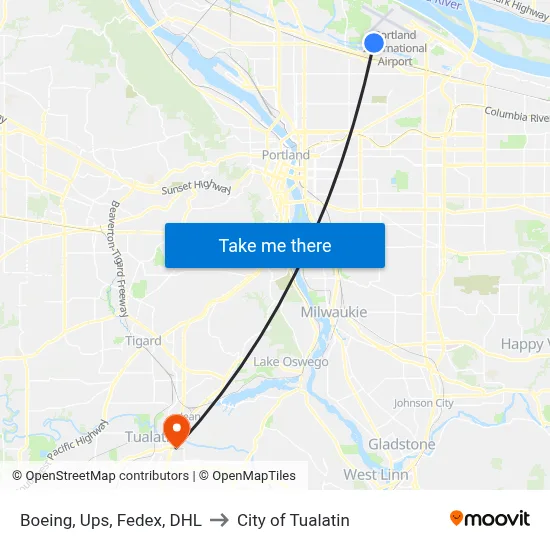 Boeing, Ups, Fedex, DHL to City of Tualatin map