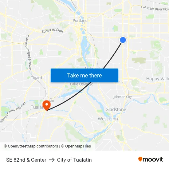 SE 82nd & Center to City of Tualatin map