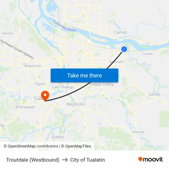 Troutdale (Westbound) to City of Tualatin map