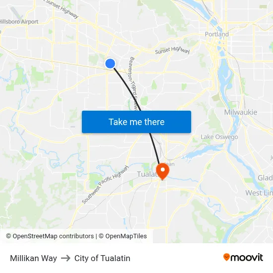 Millikan Way to City of Tualatin map