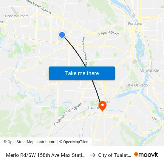 Merlo Rd/SW 158th Ave Max Station to City of Tualatin map