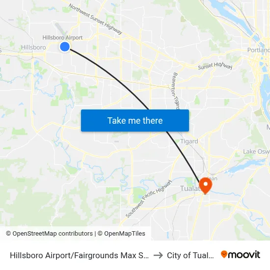 Hillsboro Airport/Fairgrounds Max Station to City of Tualatin map