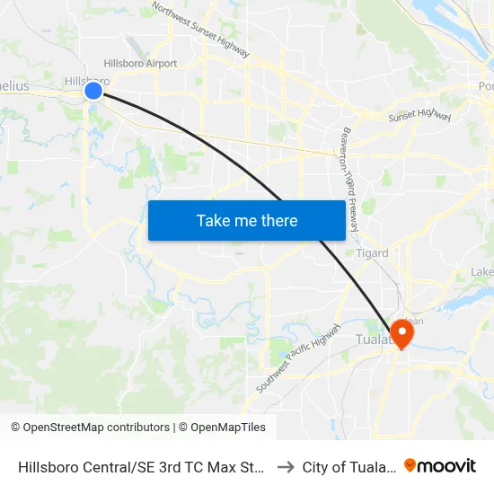 Hillsboro Central/SE 3rd TC Max Station to City of Tualatin map