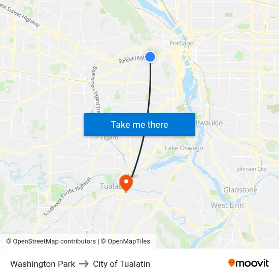 Washington Park to City of Tualatin map