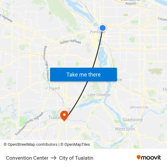 Convention Center to City of Tualatin map