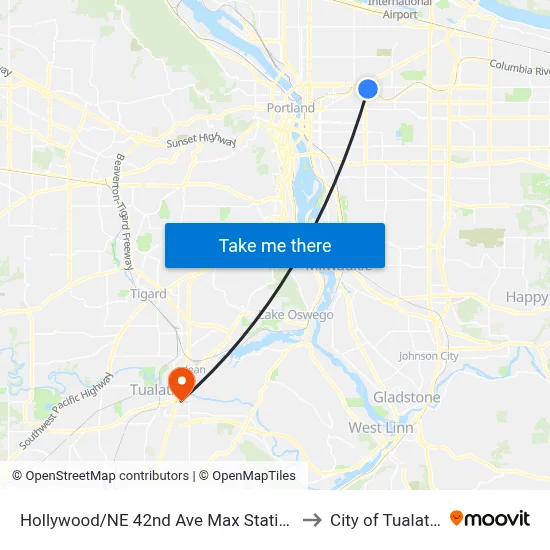 Hollywood/NE 42nd Ave Max Station to City of Tualatin map