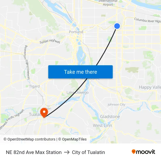 NE 82nd Ave Max Station to City of Tualatin map