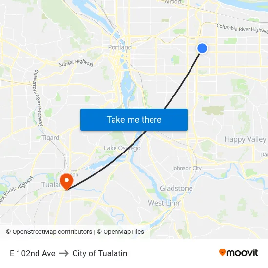 E 102nd Ave to City of Tualatin map