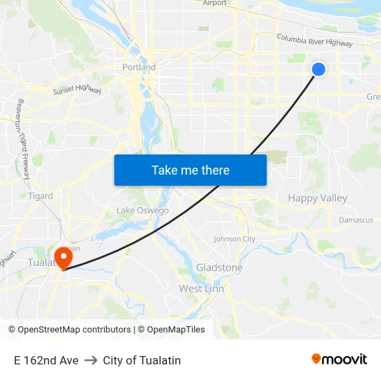 E 162nd Ave to City of Tualatin map