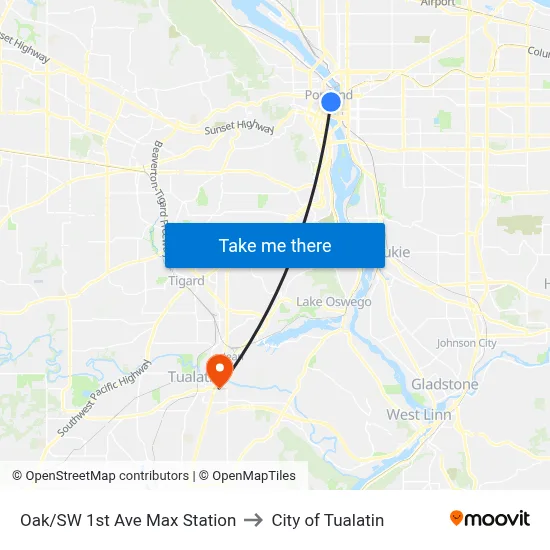 Oak/SW 1st Ave Max Station to City of Tualatin map