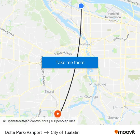 Delta Park/Vanport to City of Tualatin map