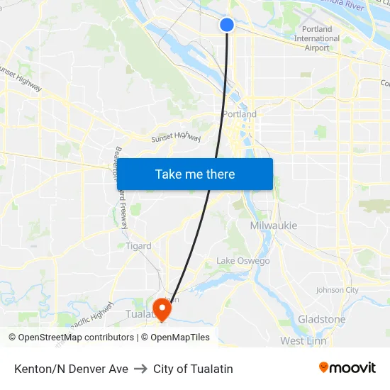 Kenton/N Denver Ave to City of Tualatin map