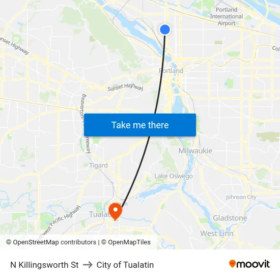 N Killingsworth St to City of Tualatin map