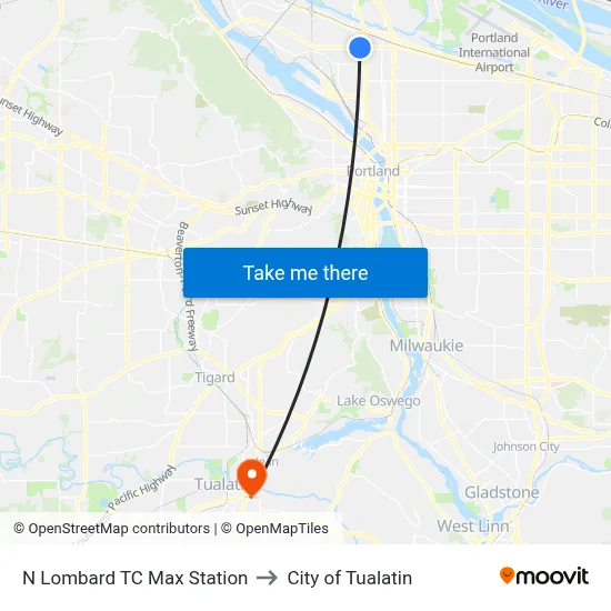 N Lombard TC Max Station to City of Tualatin map