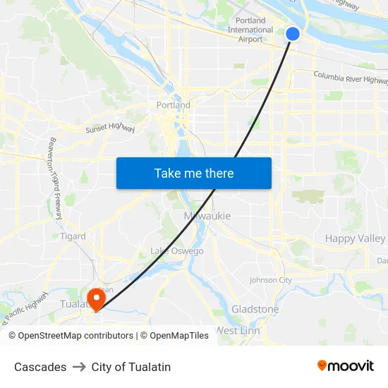 Cascades to City of Tualatin map