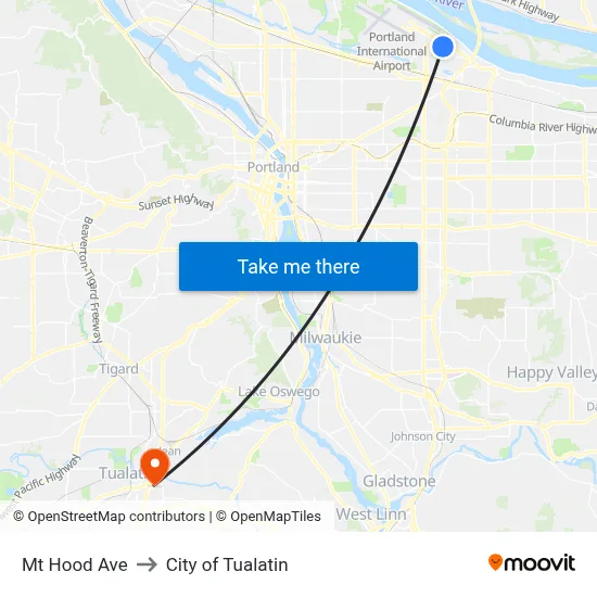 Mt Hood Ave to City of Tualatin map