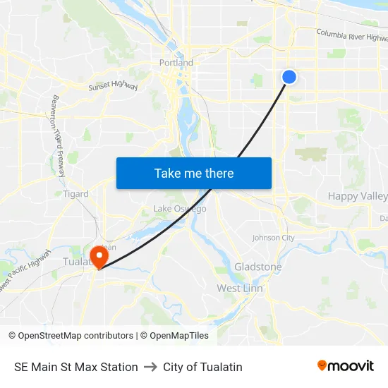 SE Main St Max Station to City of Tualatin map
