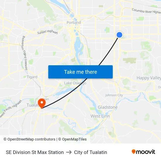 SE Division St Max Station to City of Tualatin map