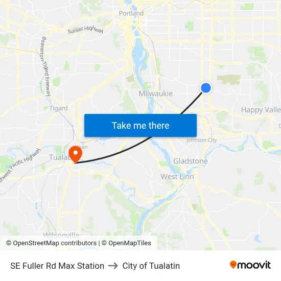 SE Fuller Rd Max Station to City of Tualatin map
