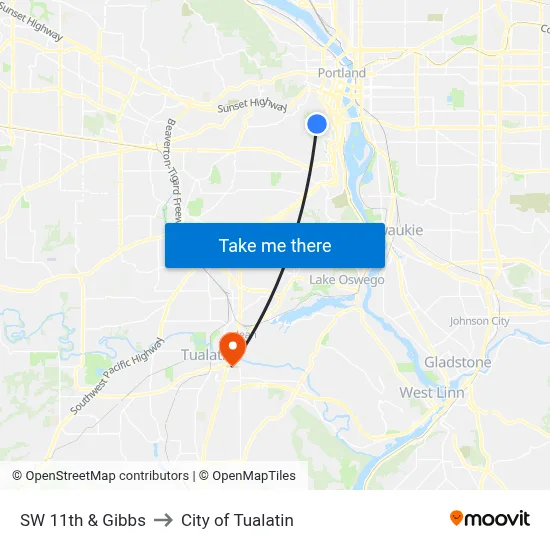 SW 11th & Gibbs to City of Tualatin map