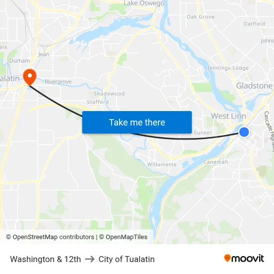 Washington & 12th to City of Tualatin map