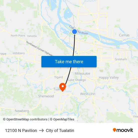 12100 N Pavilion to City of Tualatin map