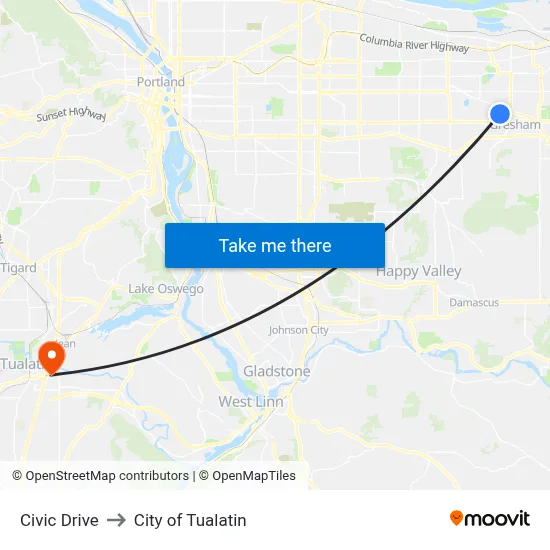 Civic Drive to City of Tualatin map