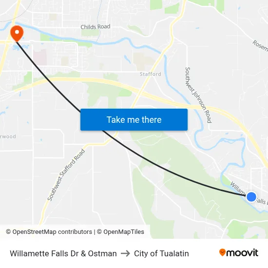 Willamette Falls Dr & Ostman to City of Tualatin map