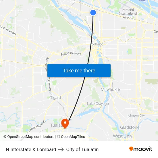 N Interstate & Lombard to City of Tualatin map