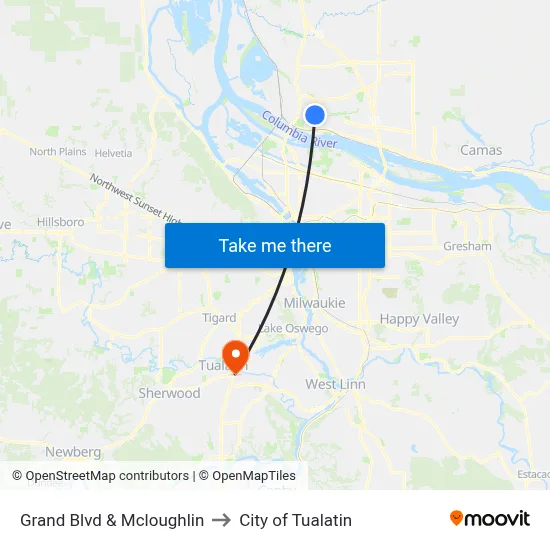 Grand Blvd & Mcloughlin to City of Tualatin map