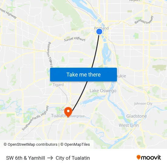 SW 6th & Yamhill to City of Tualatin map