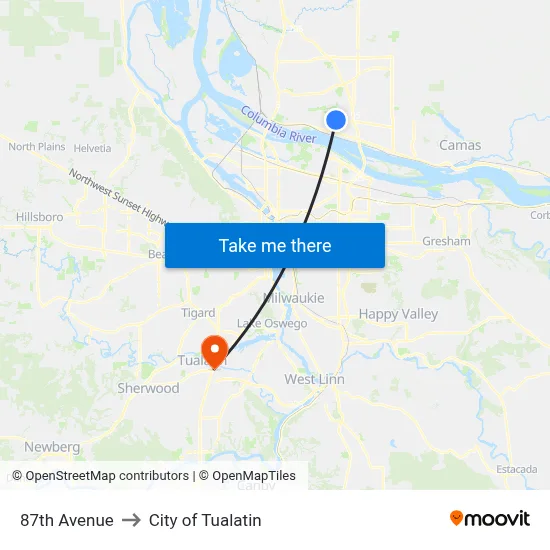 87th Avenue to City of Tualatin map