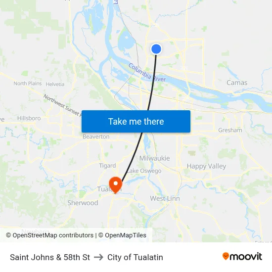 Saint Johns & 58th St to City of Tualatin map