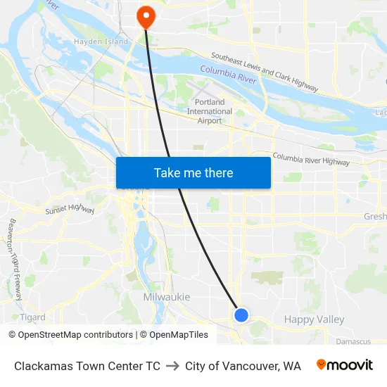 Clackamas Town Center TC to City of Vancouver, WA map