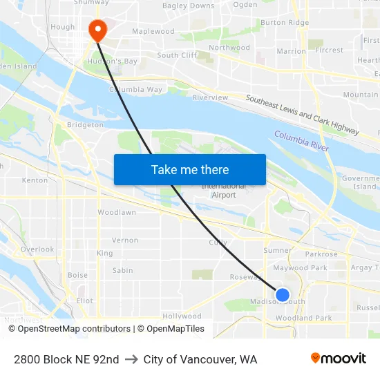 2800 Block NE 92nd to City of Vancouver, WA map
