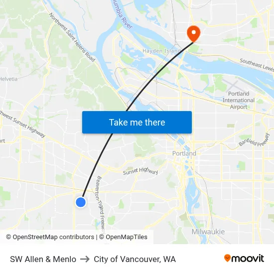 SW Allen & Menlo to City of Vancouver, WA map