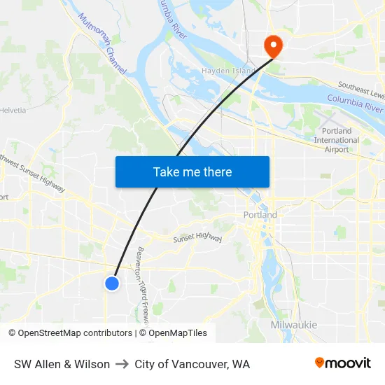 SW Allen & Wilson to City of Vancouver, WA map