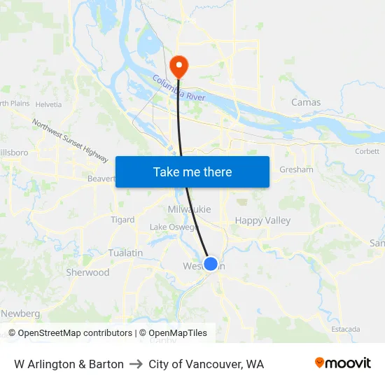 W Arlington & Barton to City of Vancouver, WA map