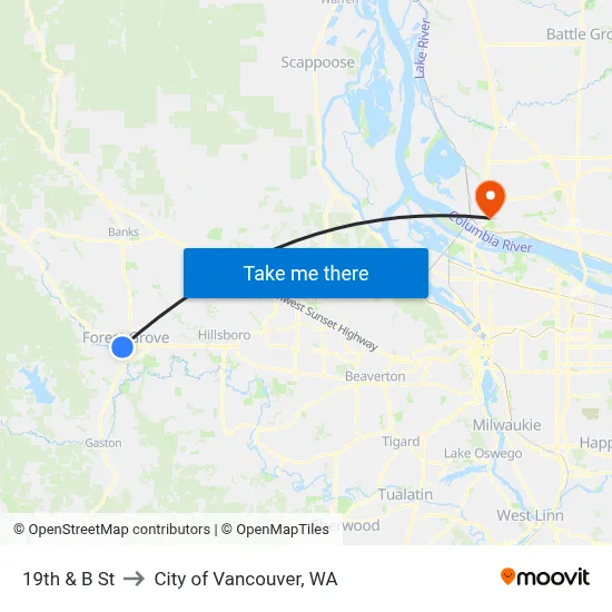 19th & B St to City of Vancouver, WA map