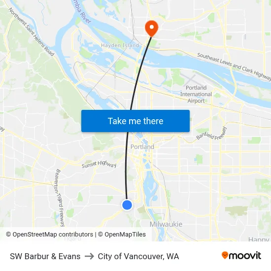 SW Barbur & Evans to City of Vancouver, WA map