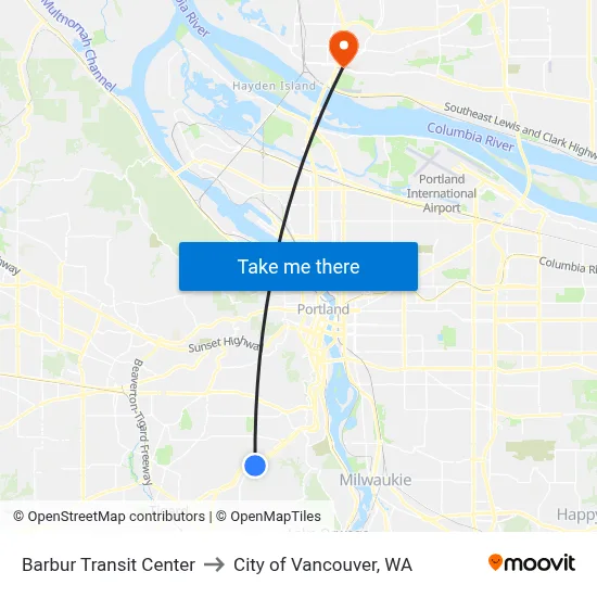 Barbur Transit Center to City of Vancouver, WA map