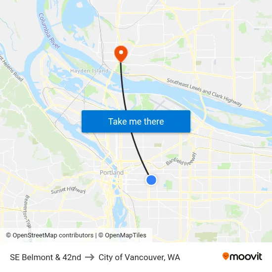 SE Belmont & 42nd to City of Vancouver, WA map