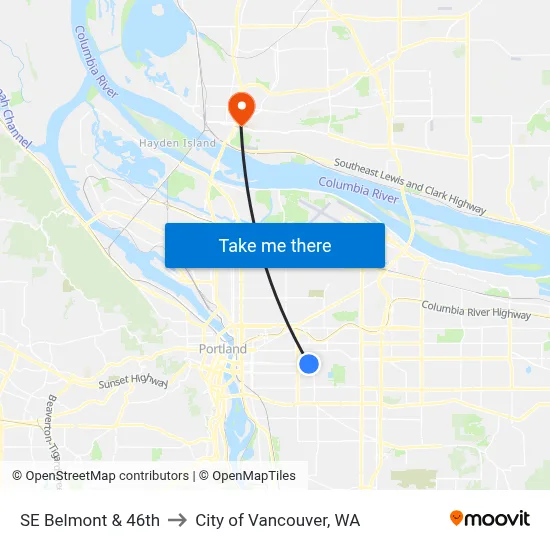 SE Belmont & 46th to City of Vancouver, WA map