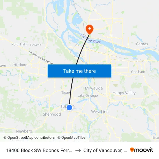 18400 Block SW Boones Ferry Rd to City of Vancouver, WA map