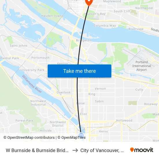 W Burnside & Burnside Bridge to City of Vancouver, WA map