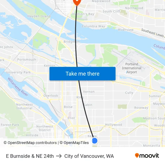 E Burnside & NE 24th to City of Vancouver, WA map