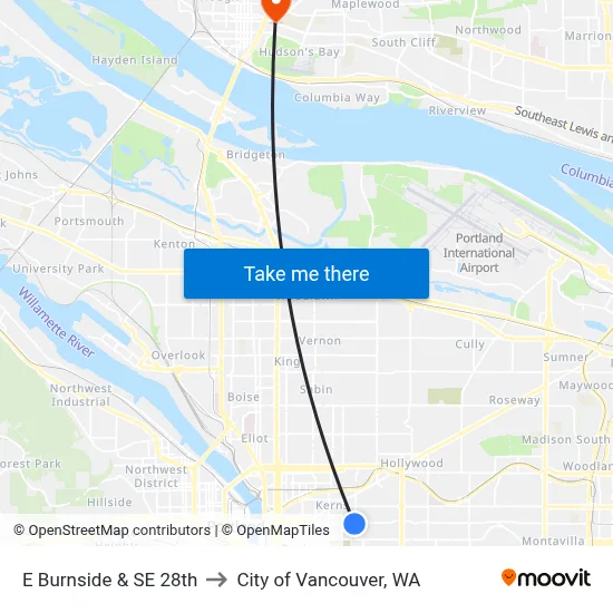 E Burnside & SE 28th to City of Vancouver, WA map
